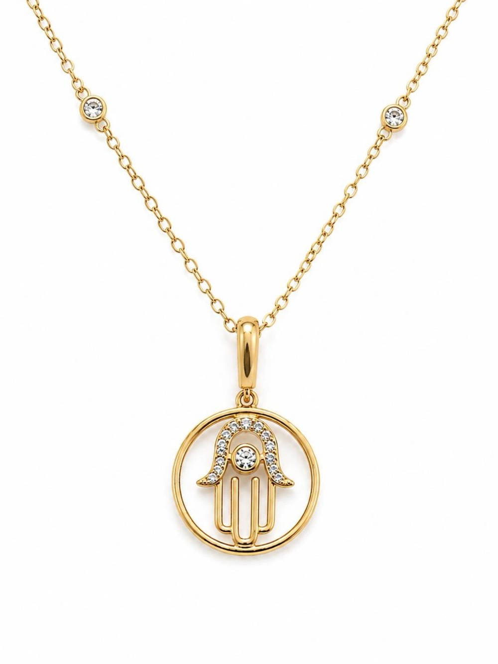 14K Solid Gold Yellow Hamsa Hand Natural Diamond Necklace 16"-18"